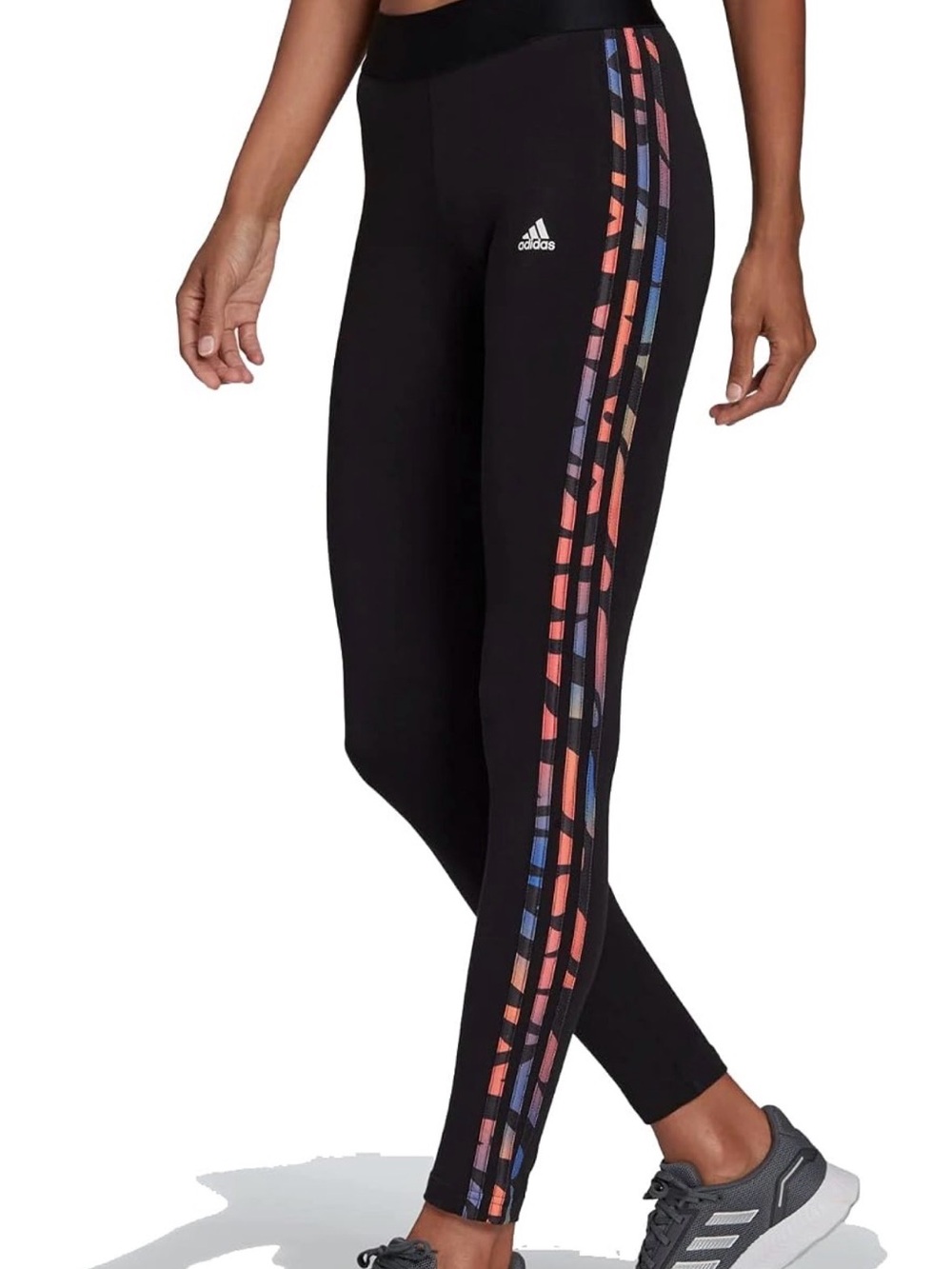 adidas Women's Black High-Rise Leggings with Multicolor Side Stripes, S